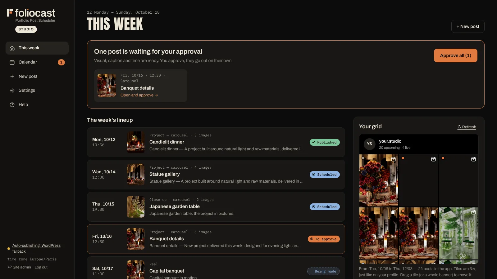 The This week screen: posts waiting for your approval and the ones already scheduled