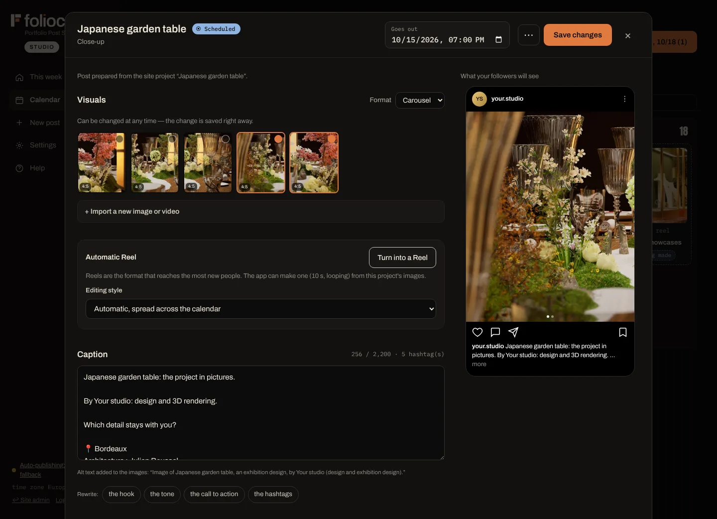 The post editor: images, caption, date and a preview of what your followers will see