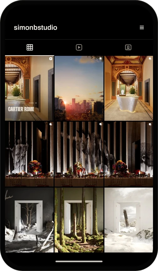 SB Studio's Instagram grid: Cartier Rome, a dinner among statues, doors opening onto landscapes